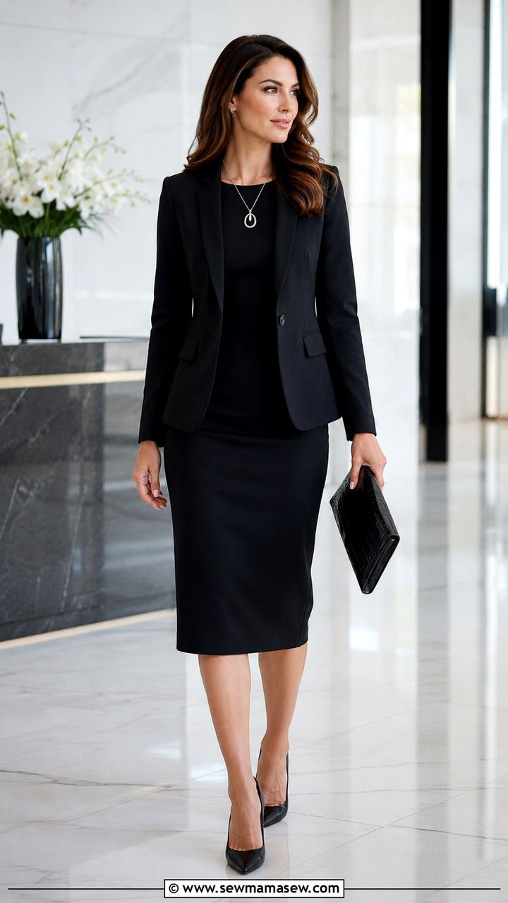 Black Blazer and Black Dress - 30 office outfits aesthetic
