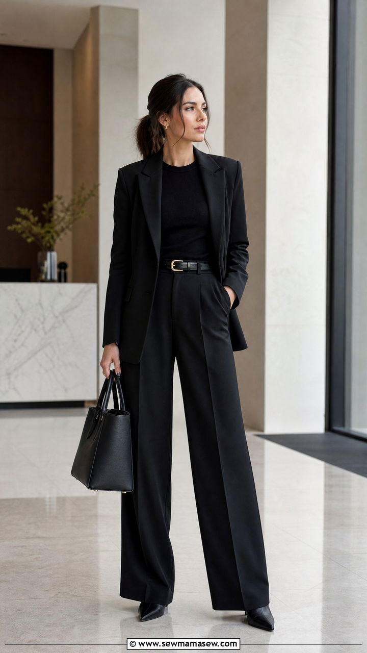 Black Blazer and Black Wide Leg Trousers Outfit - 30 minimalist capsule wardrobe outfits