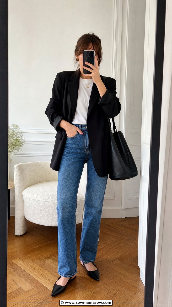 Black Blazer and Classic Blue Denim - 30 french girl capsule wardrobe outfits