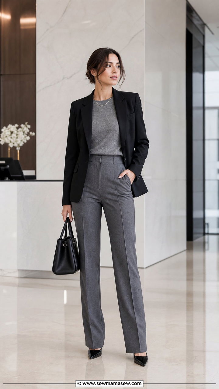 Black Blazer and Gray Trousers - 30 clean girl outfits inspo