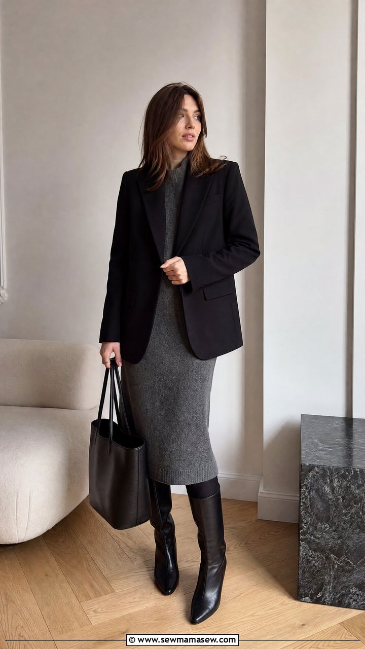 Black Blazer and Knit Dress Work Outfit - 35 Minimalist work outfit ideas