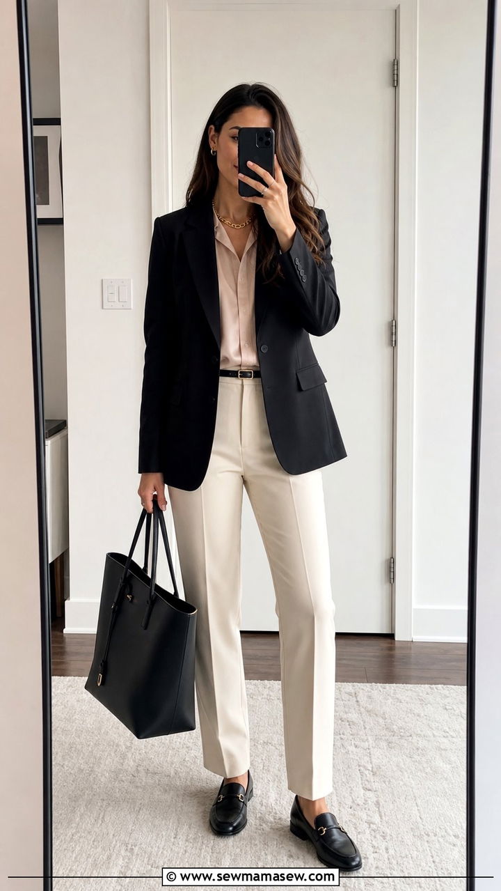 Black Blazer and Silk Blouse Outfit - 25 Stealth wealth outfit ideas for women over 40