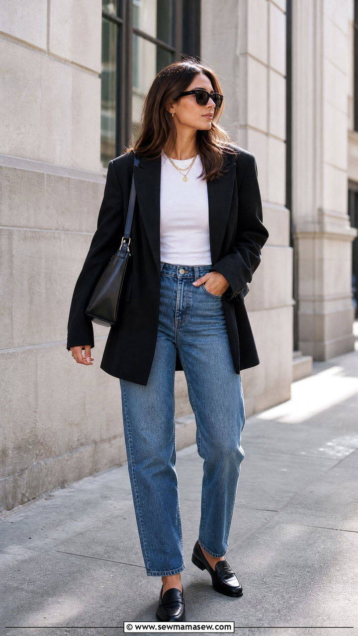 Black Blazer and Straight Leg Jeans Outfit - 25 classy clean girl outfit ideas
