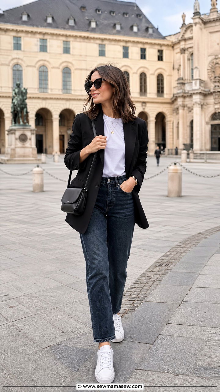 Black Blazer and Straight Leg Jeans - 35 European vacation outfit ideas