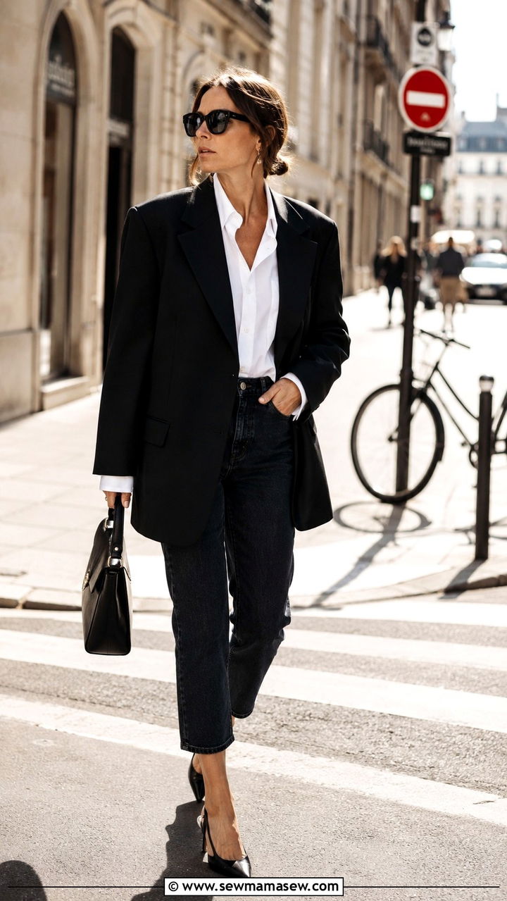 Black Blazer and White Shirt With Cropped Jeans - 20 Quiet luxury outfit ideas Celine Old style