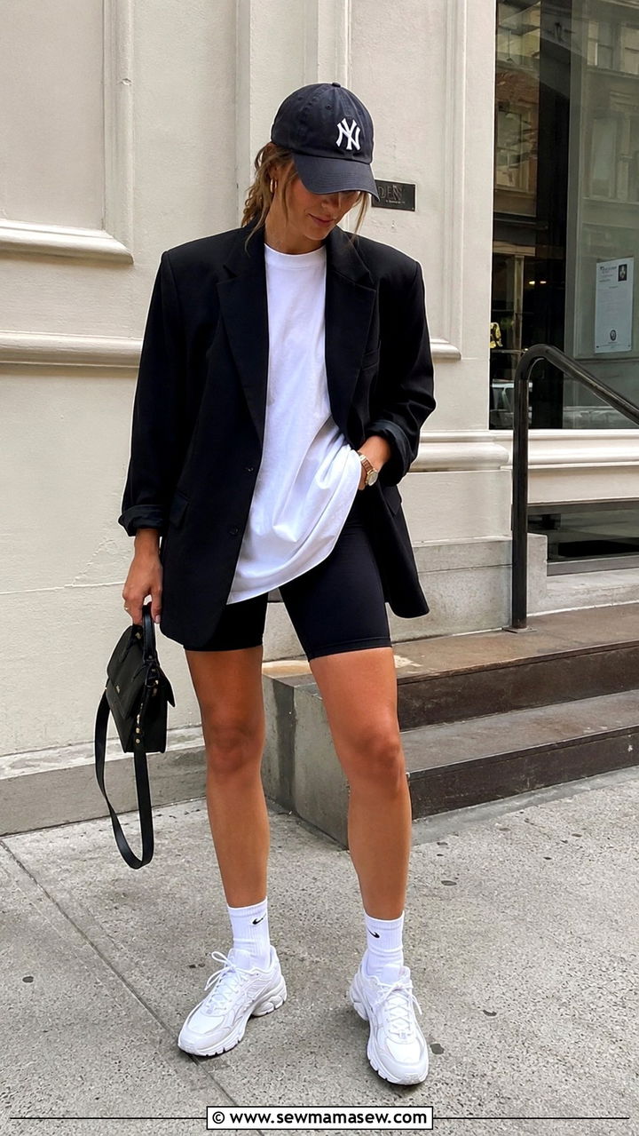 Black Blazer with Bike Shorts and Oversized Tee Outfit - 30 transitional blazer outfit ideas
