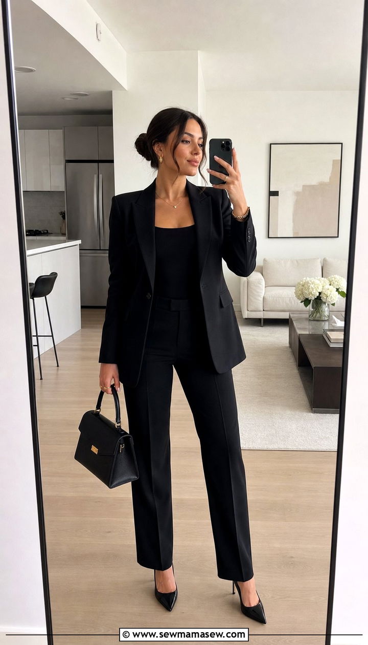 Black Blazer with Black Bodysuit and Straight Leg Trousers - 25 Clean girl outfit ideas for work