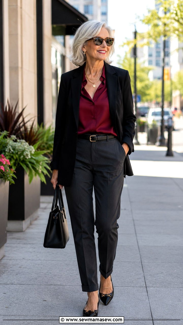 Black Blazer with Burgundy Silk Blouse and Charcoal Trousers - 25 Work outfits for women over 60