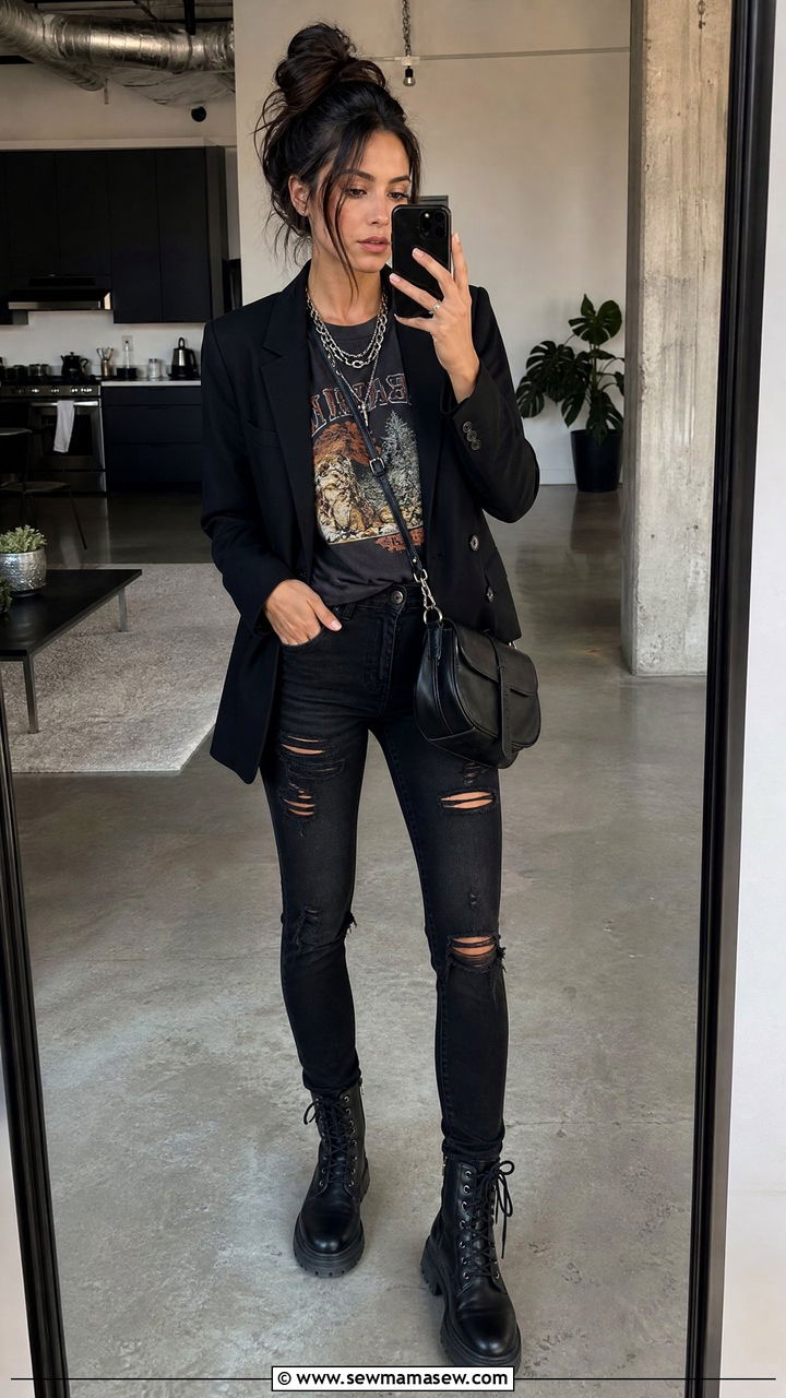 Black Blazer with Distressed Black Jeans and Combat Boots - 25 Black jeans outfit ideas with a blazer