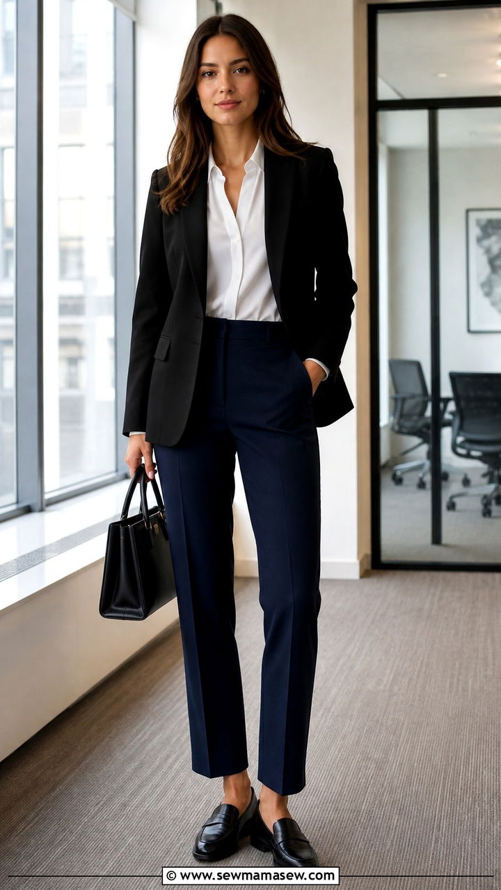 Black Blazer with Navy Trousers and Loafers - 40 business casual outfits for women
