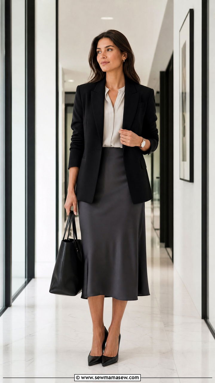Black Blazer with Satin Midi Skirt and Pointed Pumps - 25 How to style a midi skirt for work