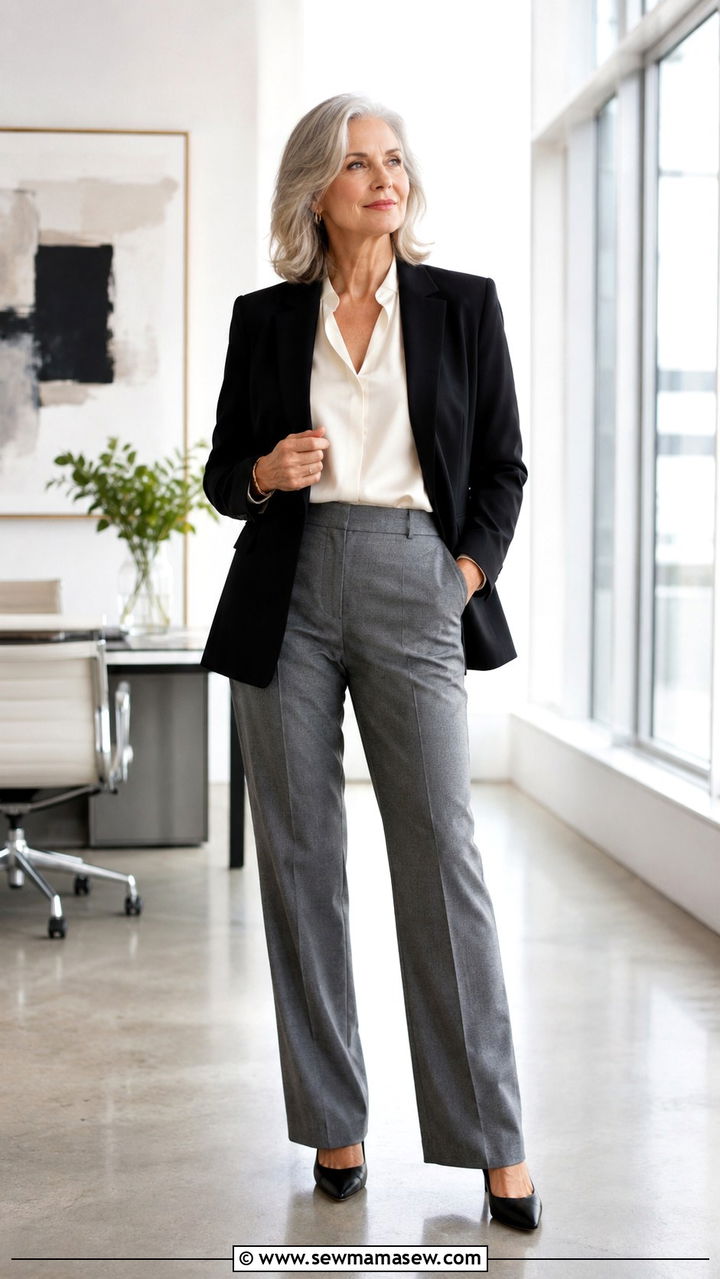 Black Blazer with Silk Trim Blouse and Grey Wool Trousers - 30 Capsule wardrobe women over 50