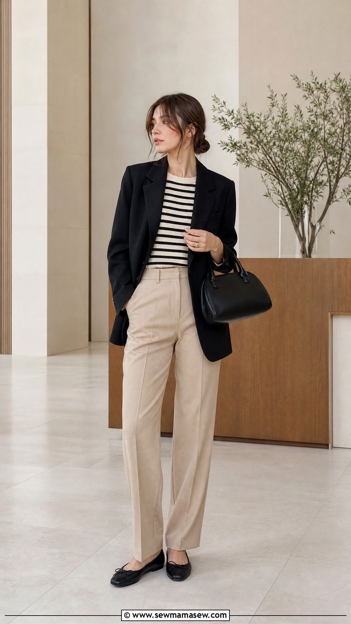 Black Blazer with Striped Tee and Neutral Tailored Trousers - 30 French girl outfit ideas minimalist