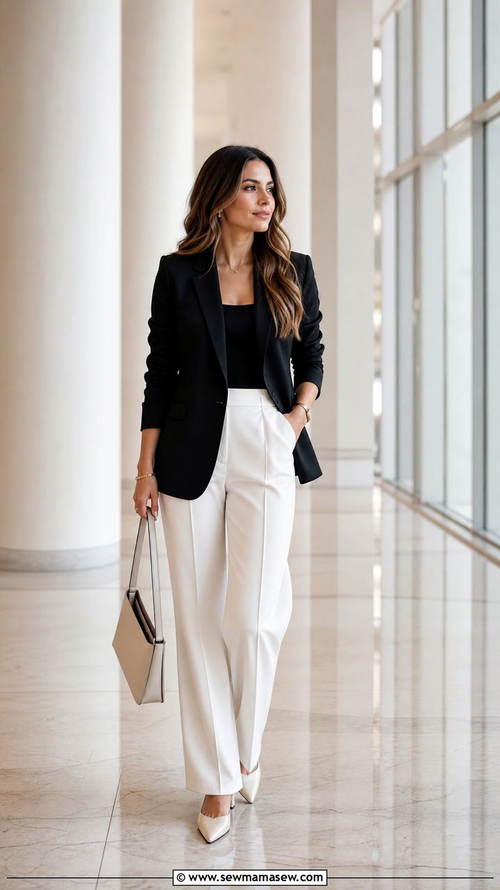 Black Blazer with White Suit Pants and Pointed Toe Flats - 30 Construction site outfit ideas for women
