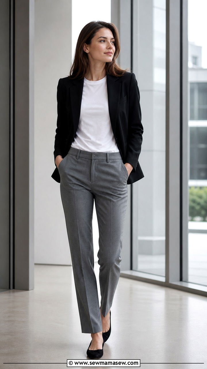 Black Blazer with White T Shirt and Gray Trousers - 40 old money outfits ideas