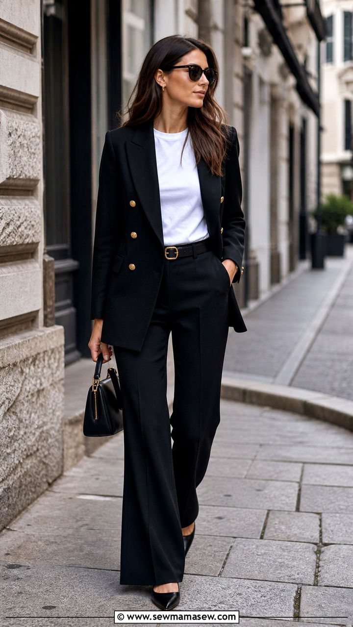 Black Blazer with White Tee and Dark Flared Trousers - 40 Italy outfit ideas