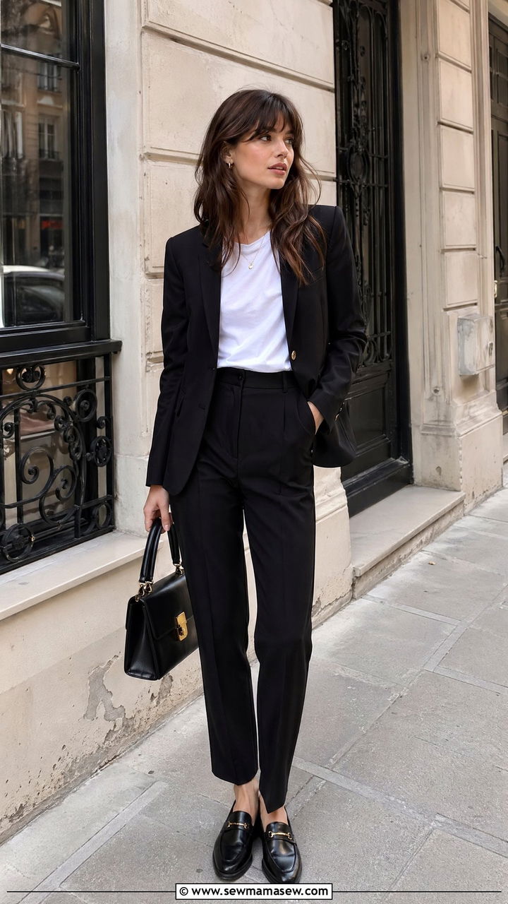 Black Blazer with White Tee and High Waisted Trousers - 35 french girl outfits for women