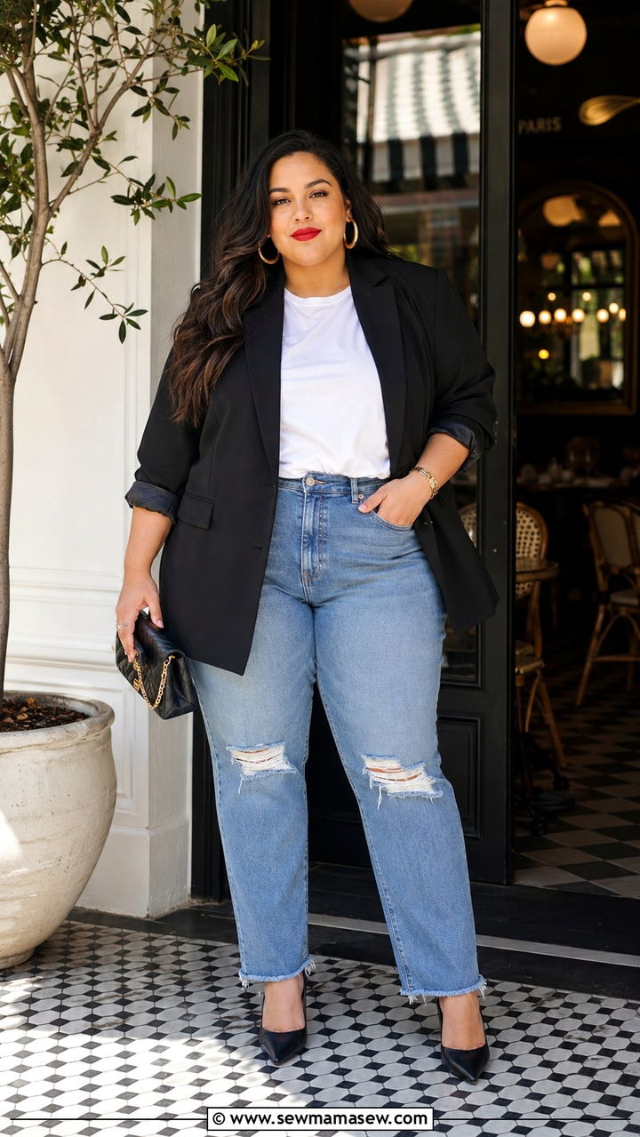 Black Blazer with White Tee and Jeans - 30 Plus size brunch outfits