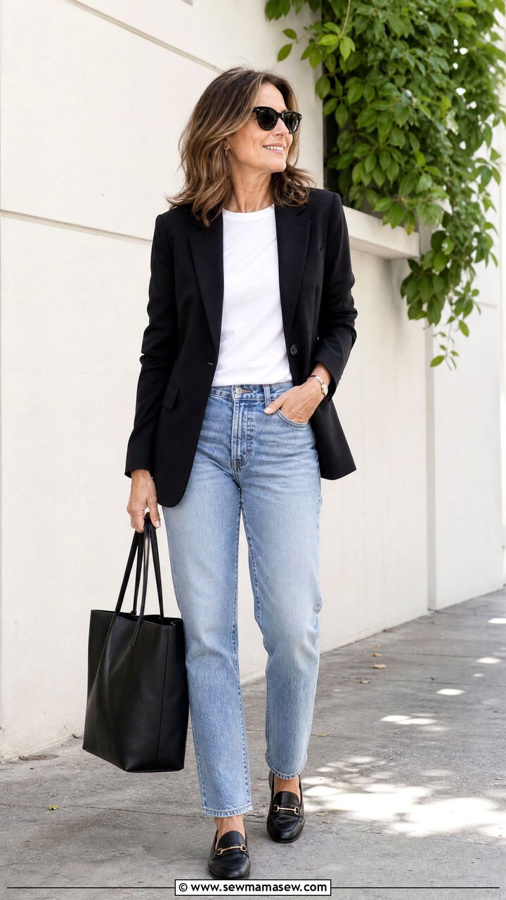 Black Blazer with White Tee and Light Wash Jeans - 35 Minimalist outfit ideas for women over 40