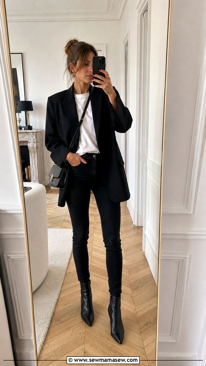 Black Blazer with White Tee and Skinny Jeans - 30 Parisian street style outfit ideas