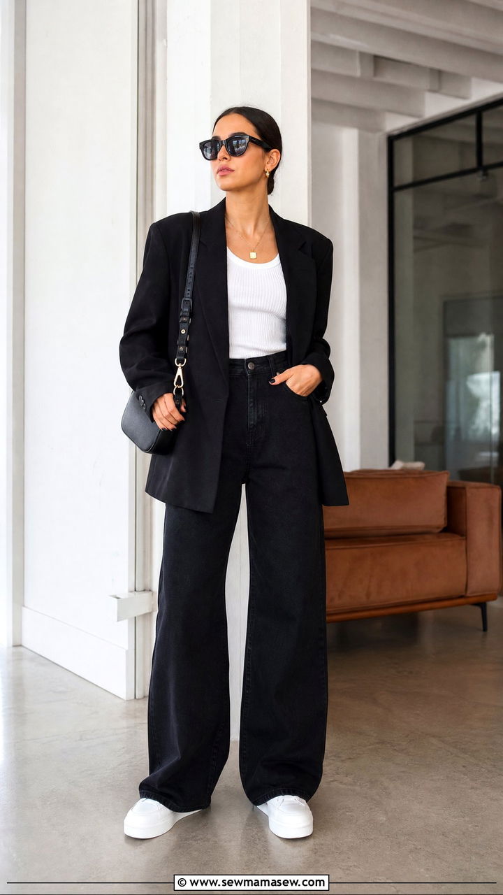 Black Blazer with Wide Leg Black Jeans and Platform Sneakers - 25 Black jeans outfit ideas with a blazer