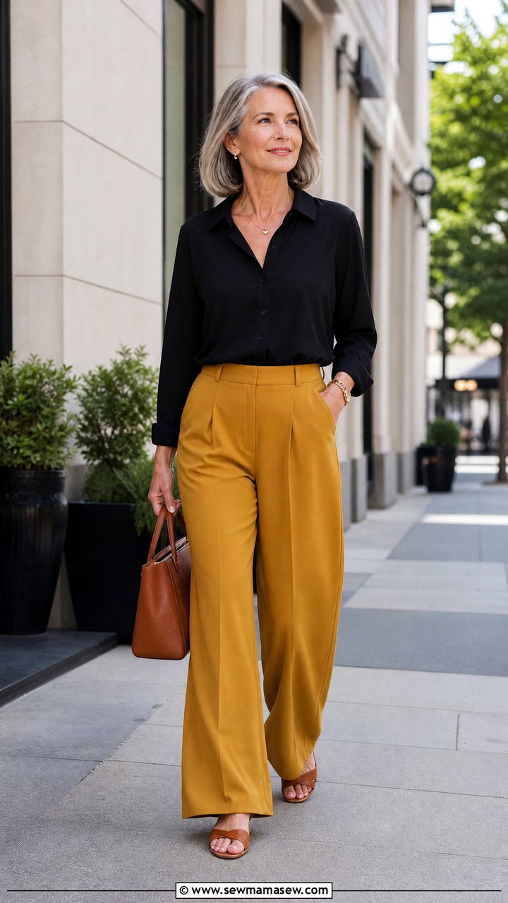 Black Blouse With Mustard Wide Leg Trousers - 30 Modest outfits for women over 50