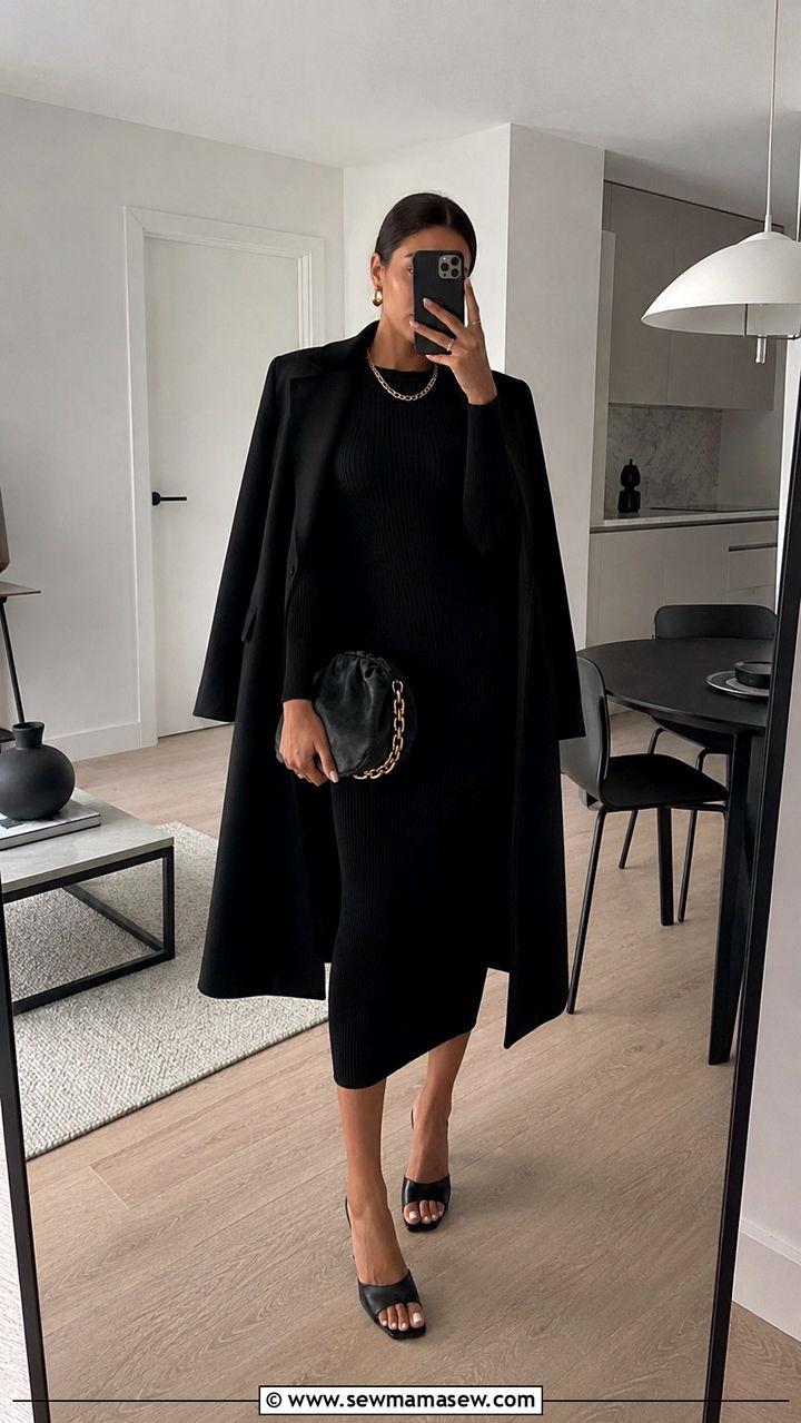 Black Bodycon Dress With Gold Accessories - 30 Scandi minimalist outfit ideas