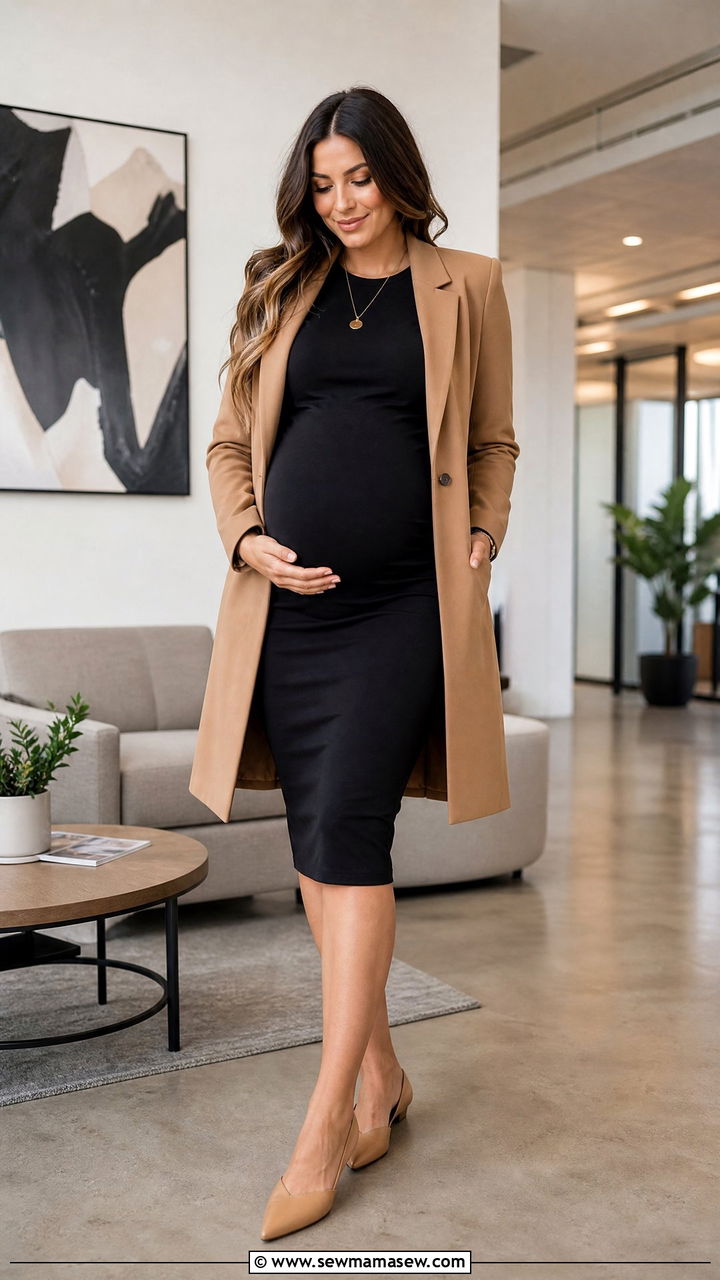 Black Bodycon Maternity Dress with Longline Blazer - 30 Maternity outfit ideas corporate