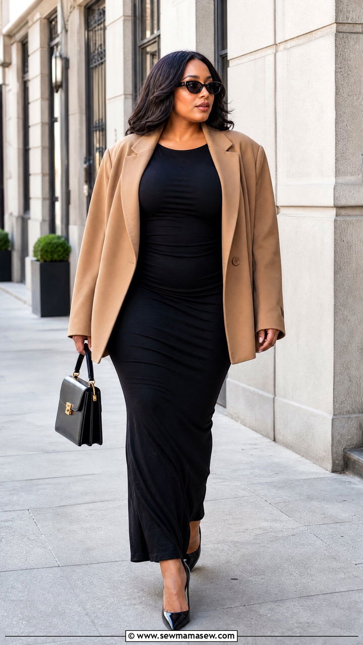 Black Bodycon Maxi Dress with Oversized Blazer and Pointed Heels - 25 Maxi dress for plus size outfit ideas