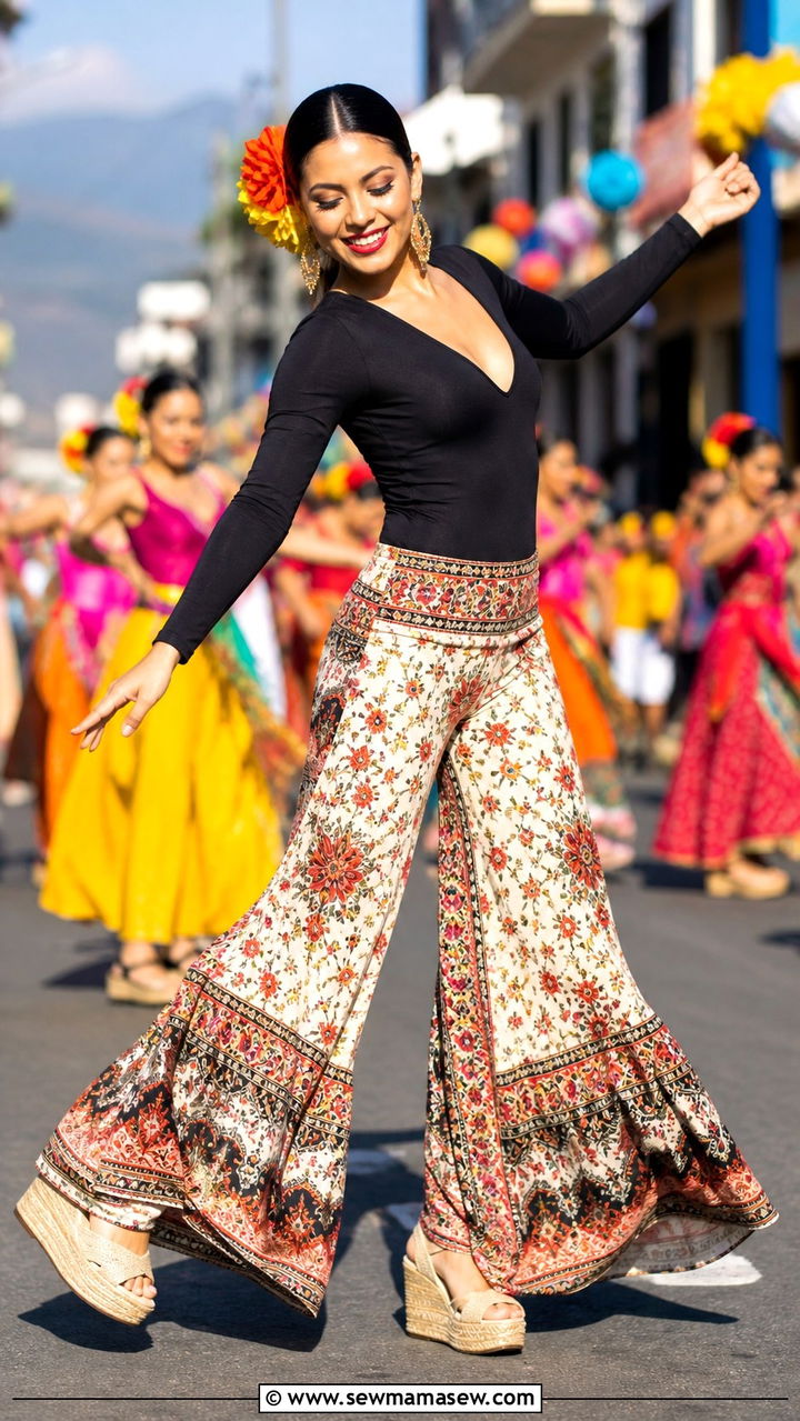 Black Bodysuit And Printed Palazzo Pants Spring Festival Outfit - 40 Spring festival outfits