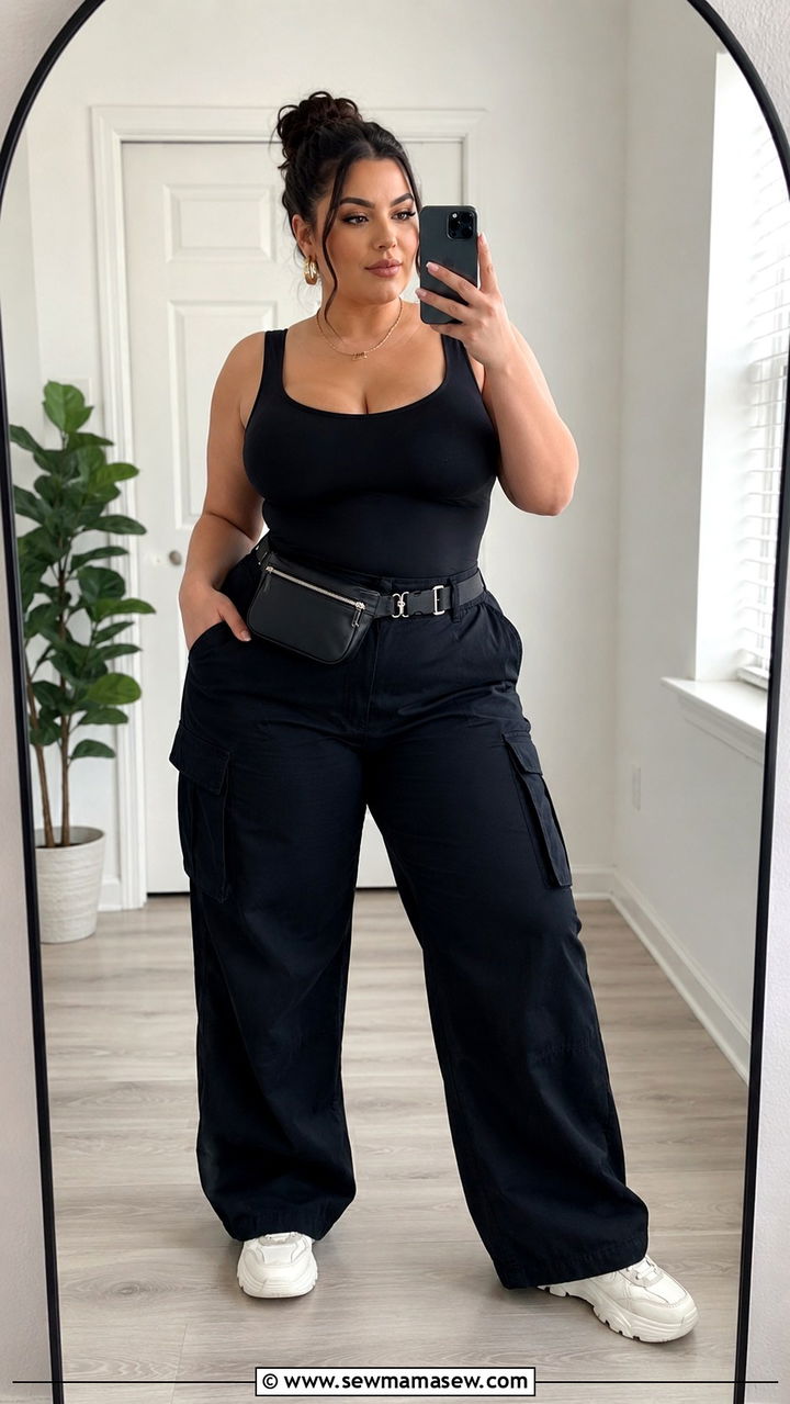 Black Bodysuit With Black Cargo Pants and Chunky Sneakers - 30 Plus size outfit ideas with cargo pants
