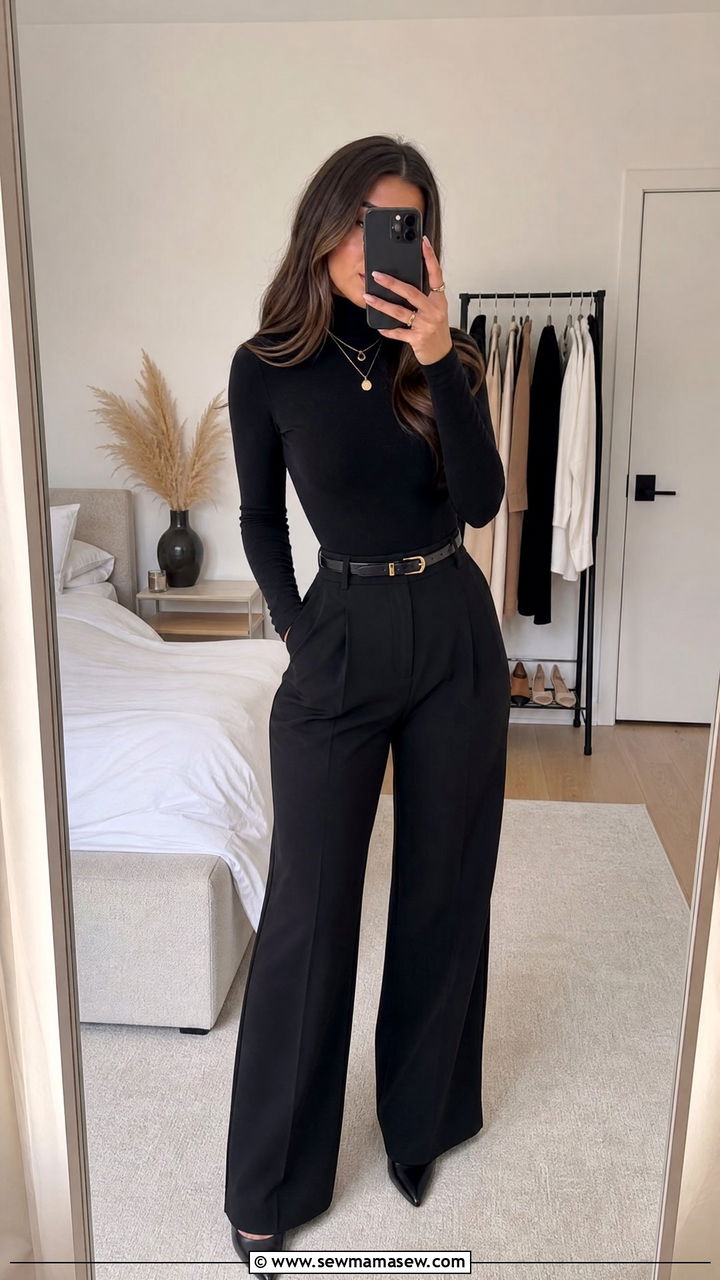 Black Bodysuit With High Waisted Tailored Trousers - 30 Dark feminine outfit ideas