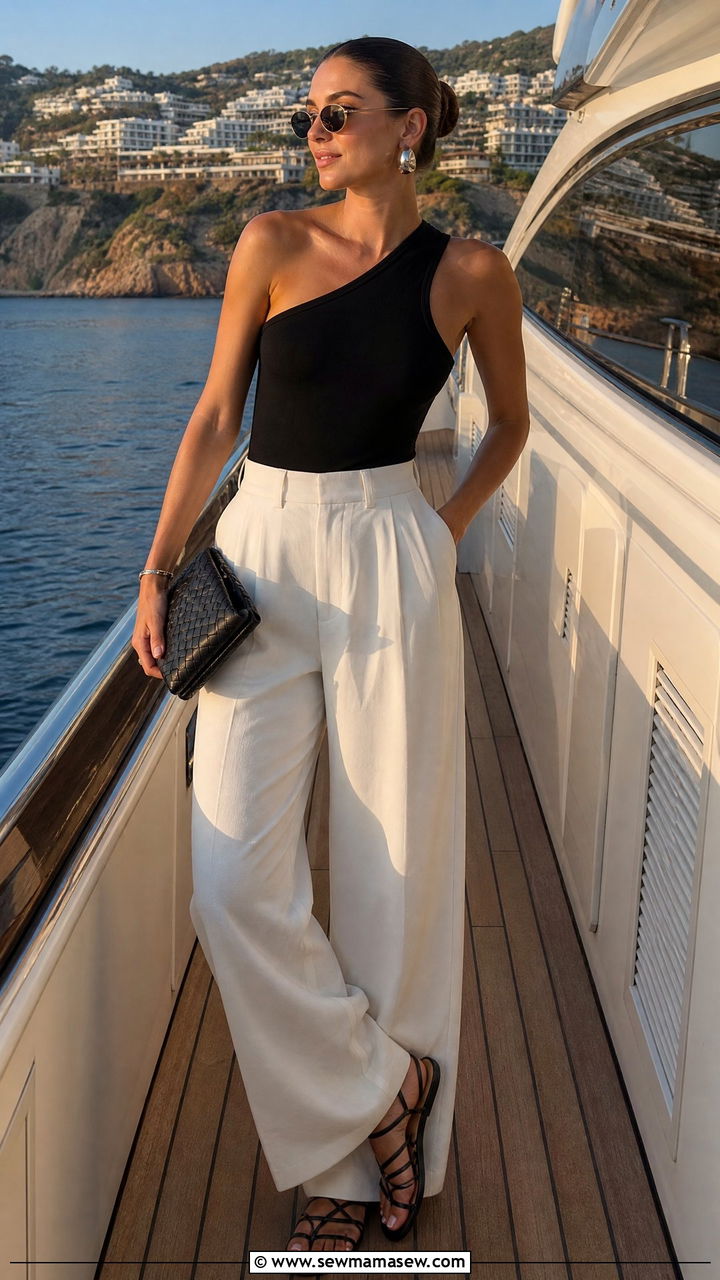Black Bodysuit and Ivory Wide Leg Pants Outfit - 25 Yacht outfit ideas 2026