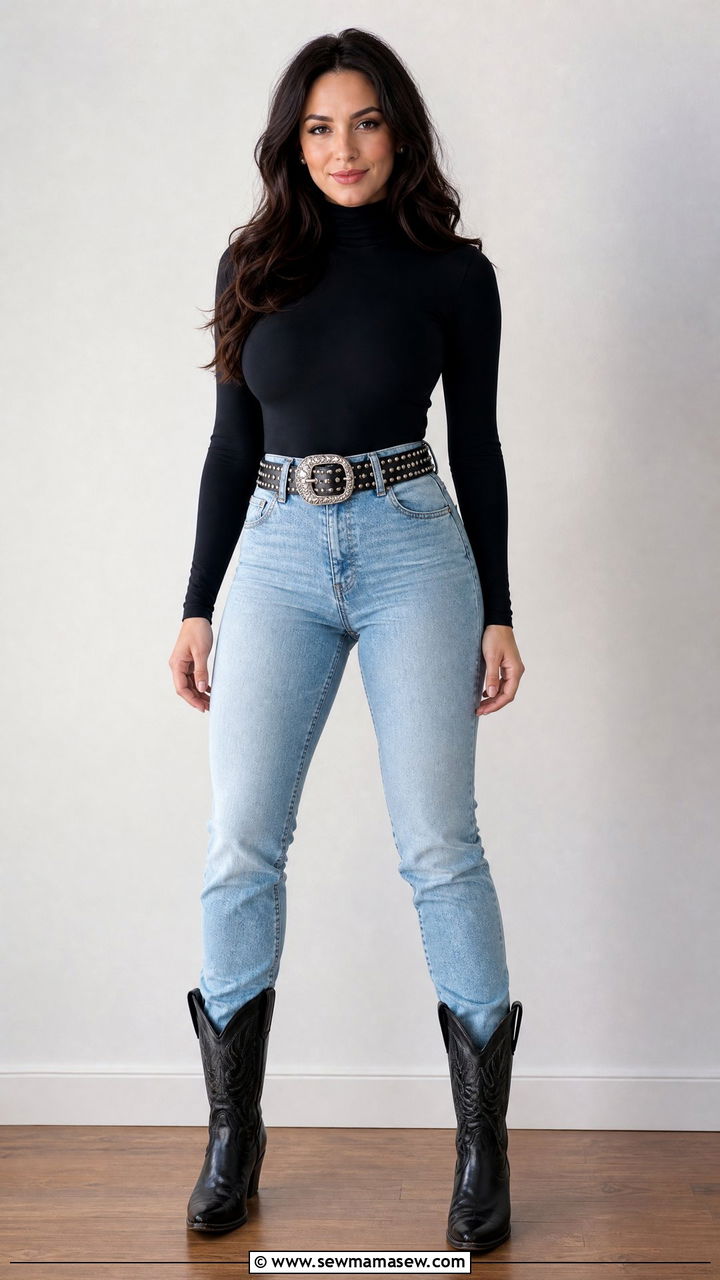 Black Bodysuit and Studded Western Belt - 30 cute country concert outfits
