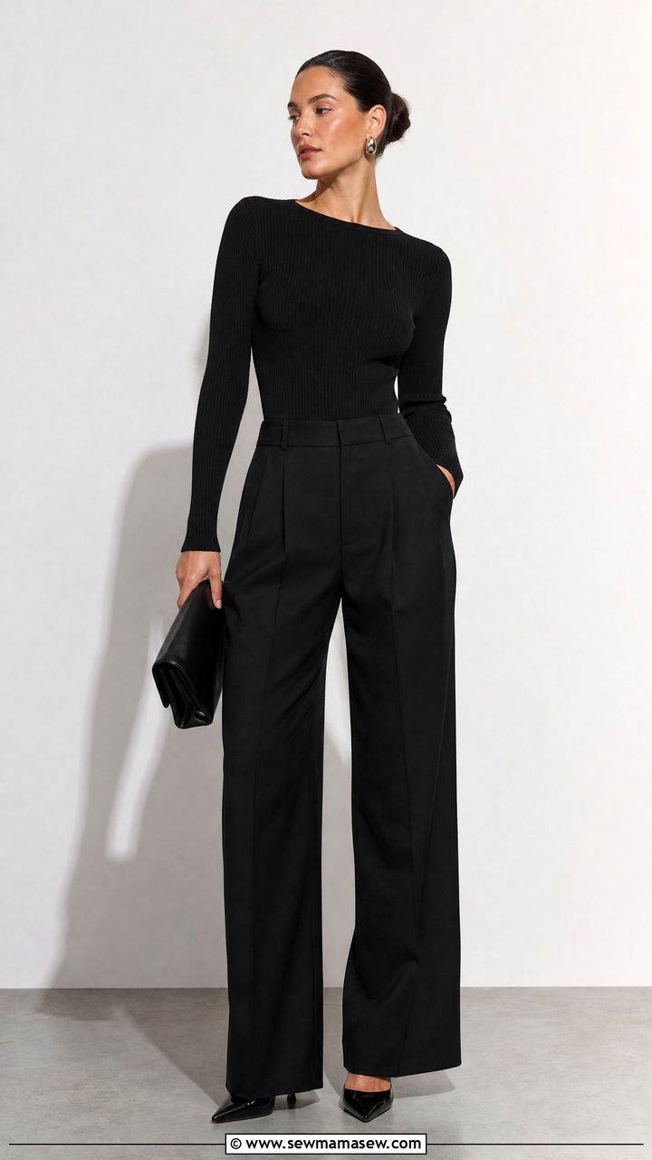 Black Bodysuit and Tailored Black Trousers - 30 clean girl outfits inspo