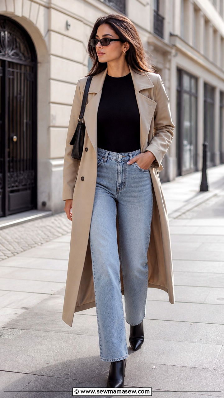 Black Bodysuit with Beige Trench Coat - 40 Clean girl outfit ideas