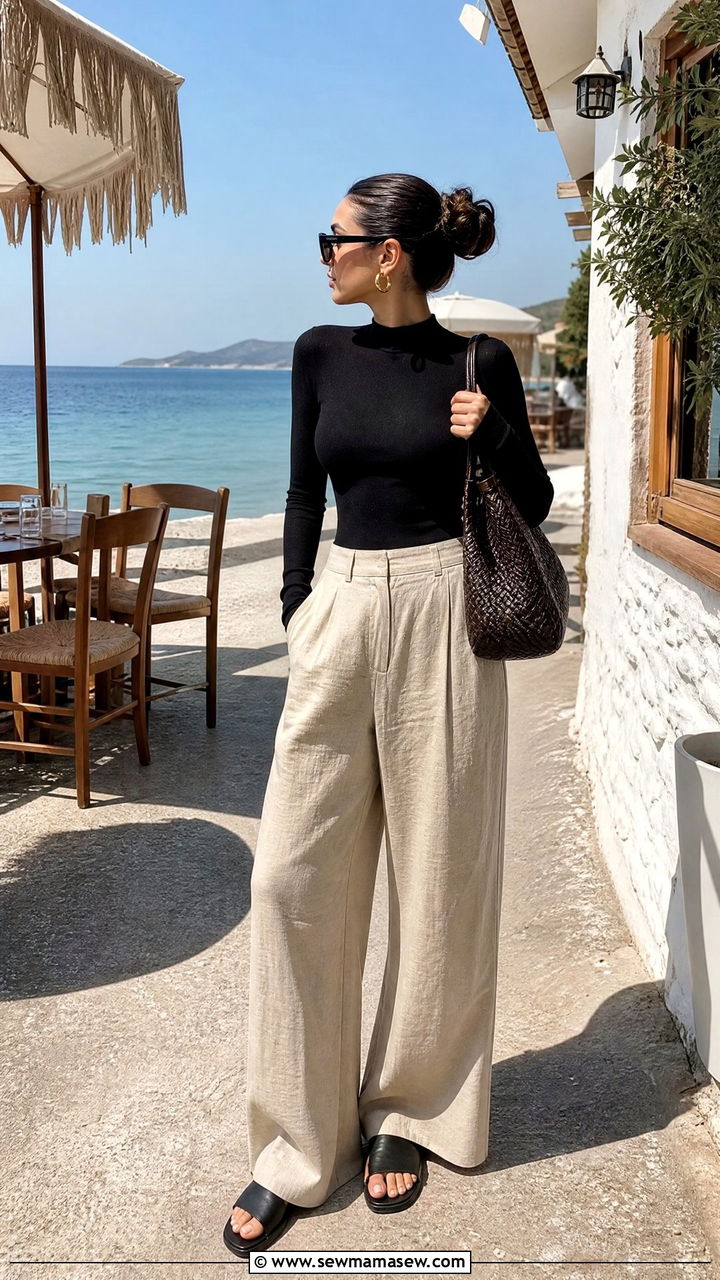 Black Bodysuit with Linen Trousers - 30 clean girl outfits aesthetic