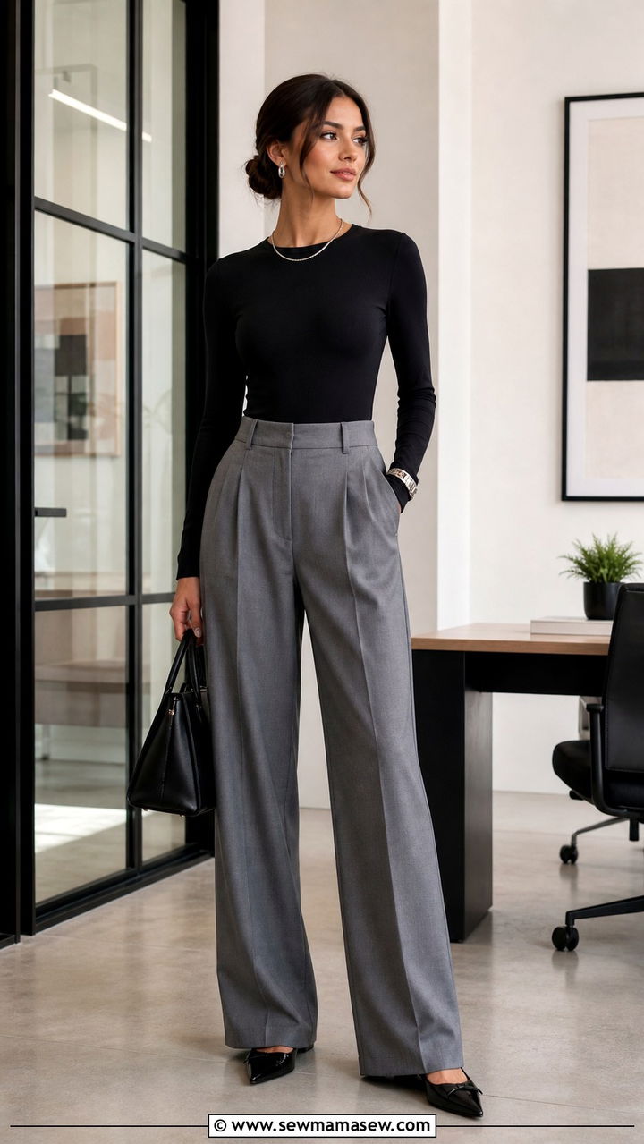 Black Bodysuit with Tailored Grey Trousers - 40 clean girl outfits
