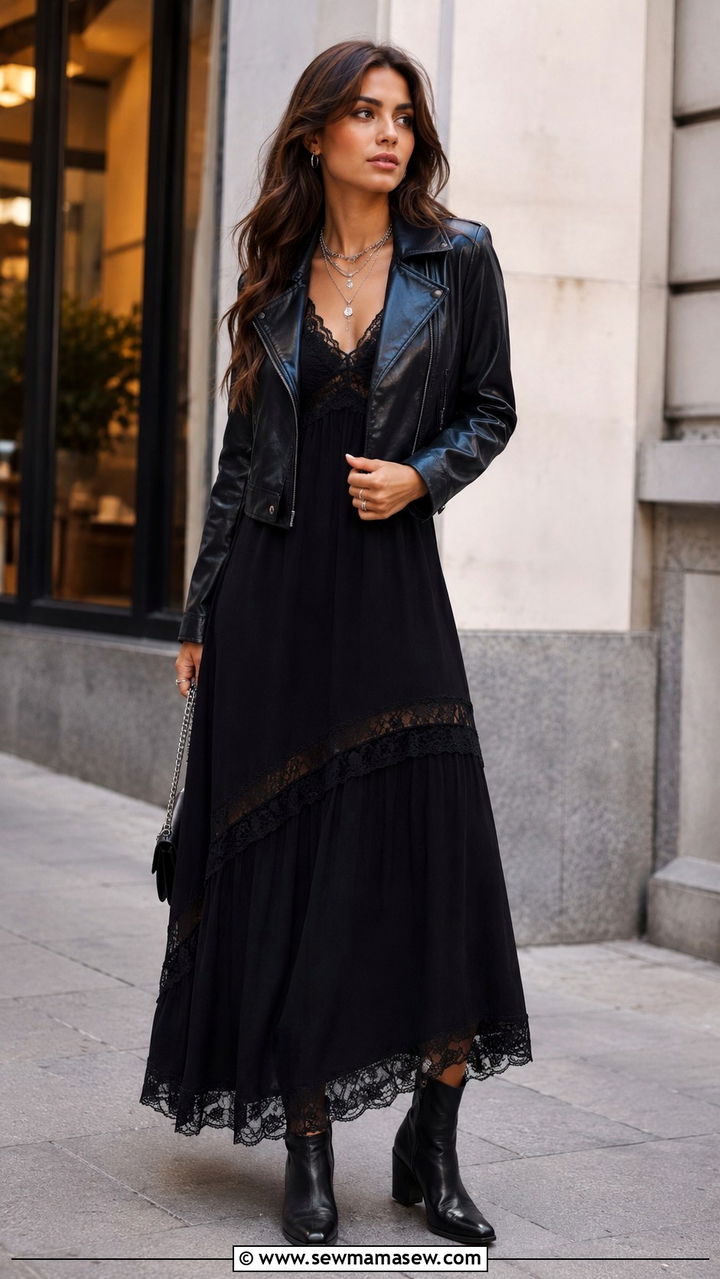 Black Boho Maxi Dress With Leather Jacket - 25 Boho outfit ideas with maxi dress