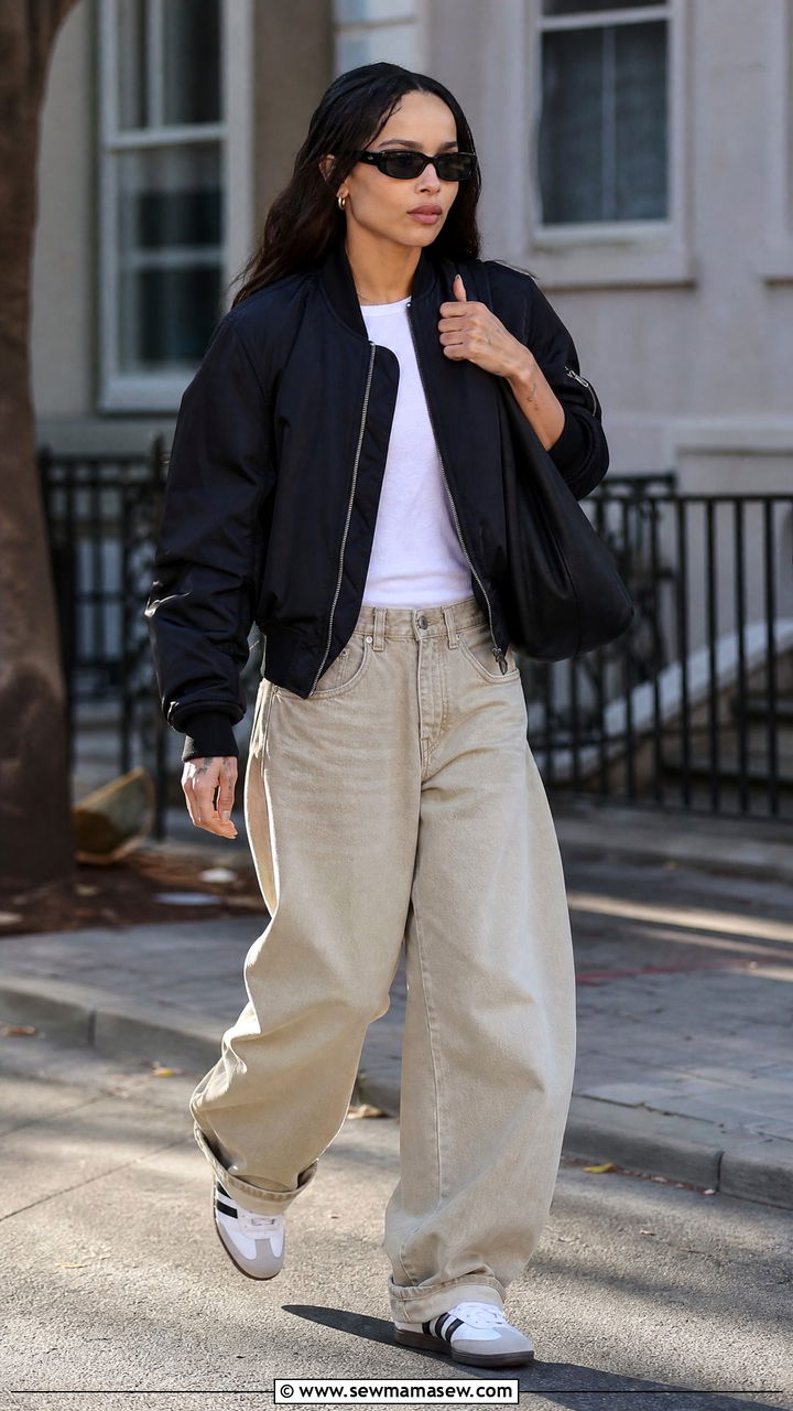 Black Bomber Jacket With Baggy Barrel Jeans and Adidas Sneakers - 20 Zoe Kravitz spring outfit ideas
