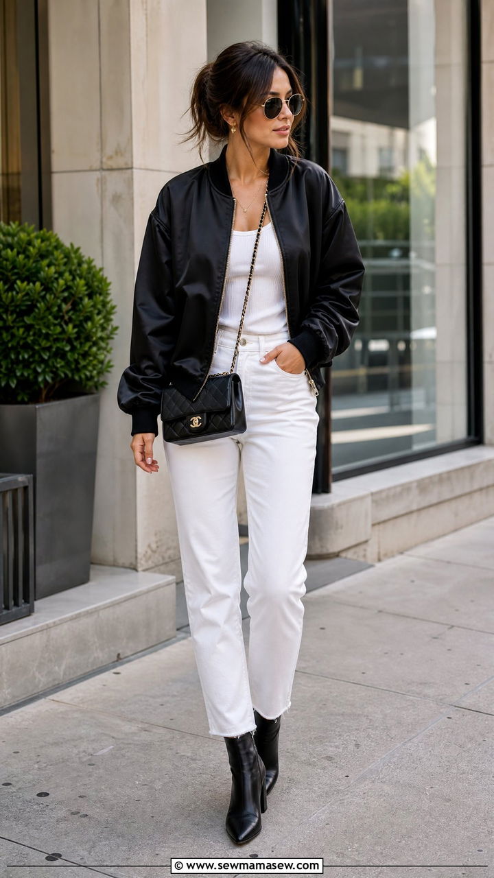 Black Bomber Jacket With White Jeans And Chanel Bag - 30 French girl outfit ideas with Chanel bag