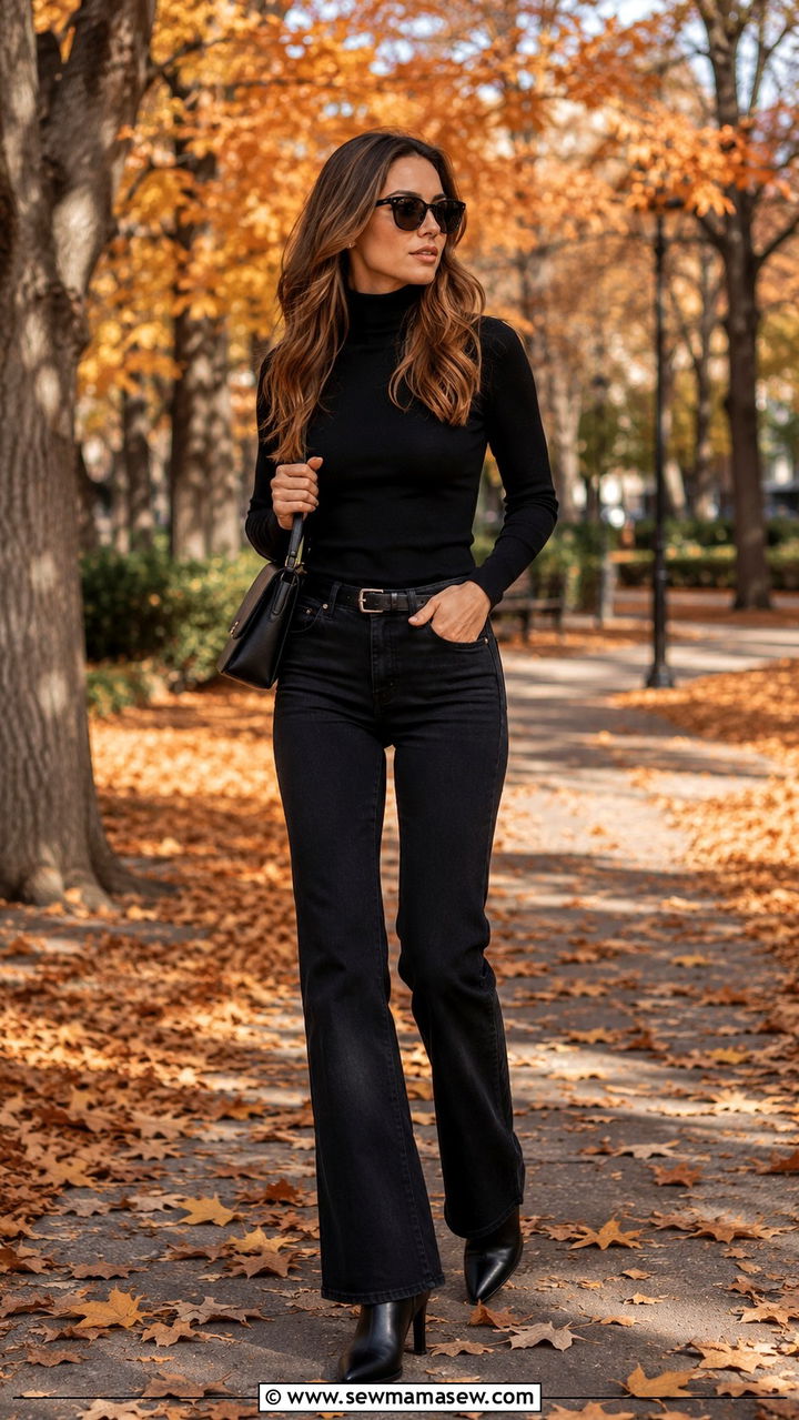 Black Bootcut Jeans With Heeled Ankle Boots and Turtleneck - 25 Black jeans outfit ideas with heels
