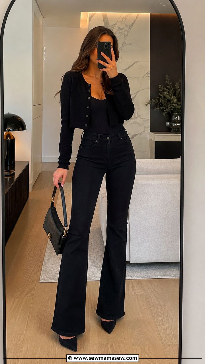 Black Bootcut Jeans With a Cropped Cardigan and Pointed Toe Heels - 25 Bootcut jeans outfit ideas with a cardigan