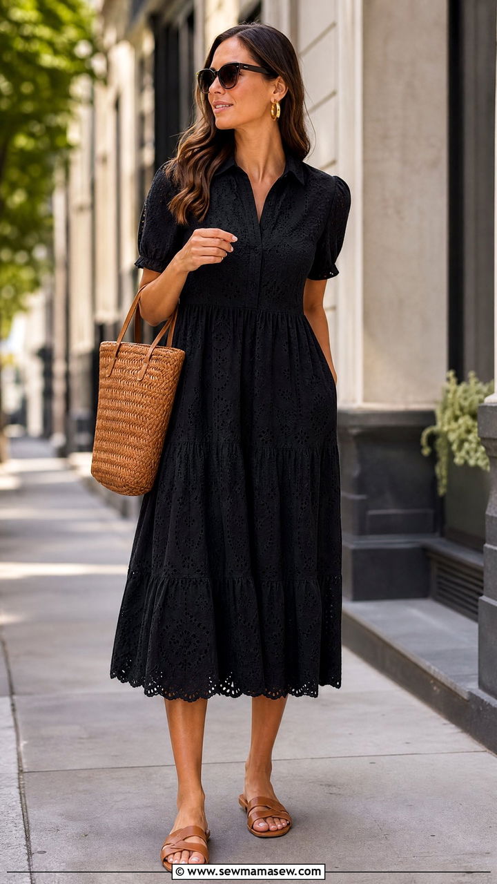Black Broderie Anglaise Midi Dress With Tan Sandals - 30 summer midi dress outfit ideas