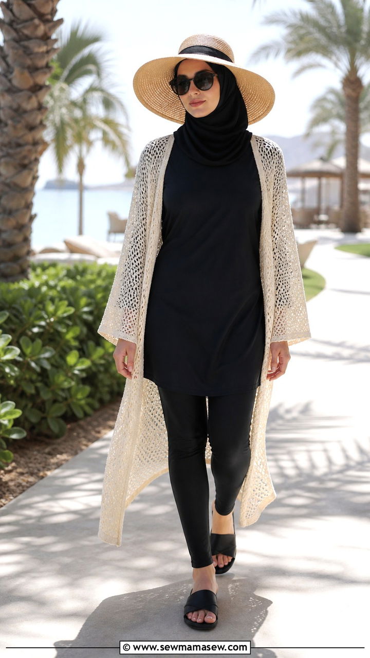 Black Burkini With Wide Brim Hat and Slide Sandals - 20 Burkini outfit ideas