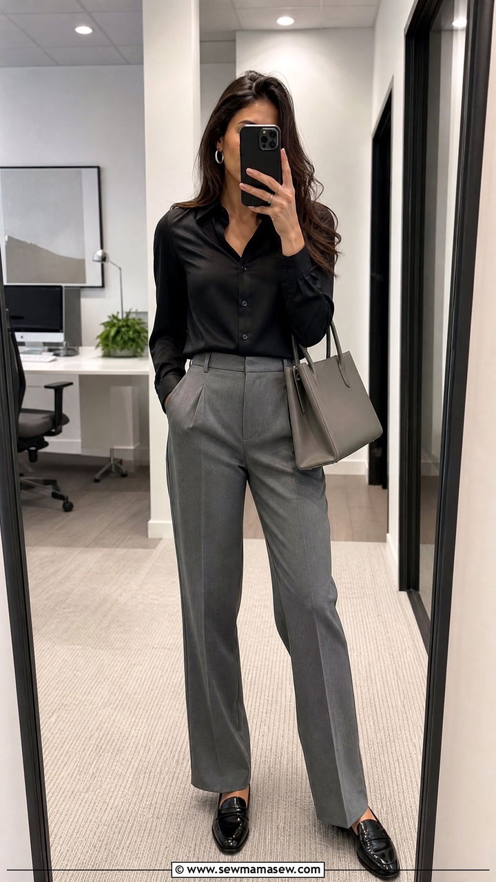 Black Button Down Shirt With Grey Tailored Trousers - 25 Business casual outfits with button down