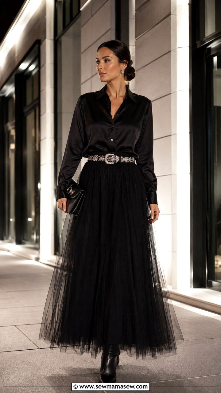 Black Button Down With Black Tulle Maxi Skirt - 20 Tulle skirt outfit ideas with a button down