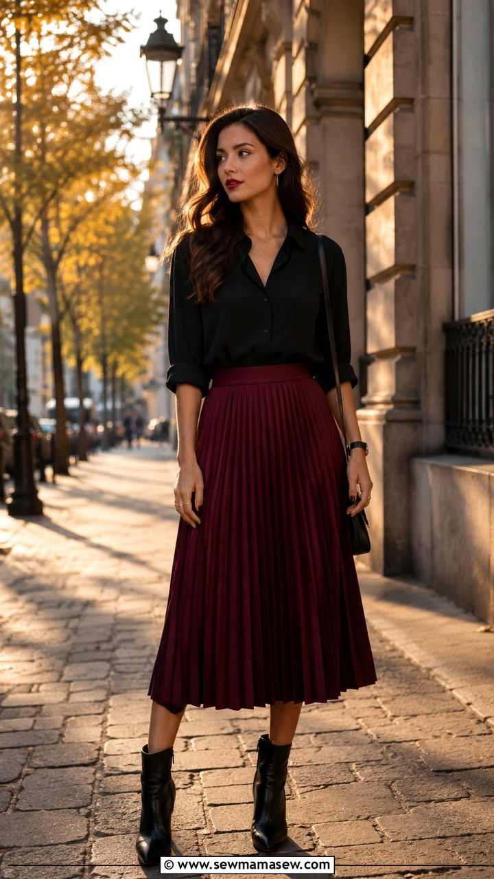 Black Button Down With Burgundy Pleated Midi Skirt And Ankle Boots - 30 Pleated skirt outfit ideas with a button down