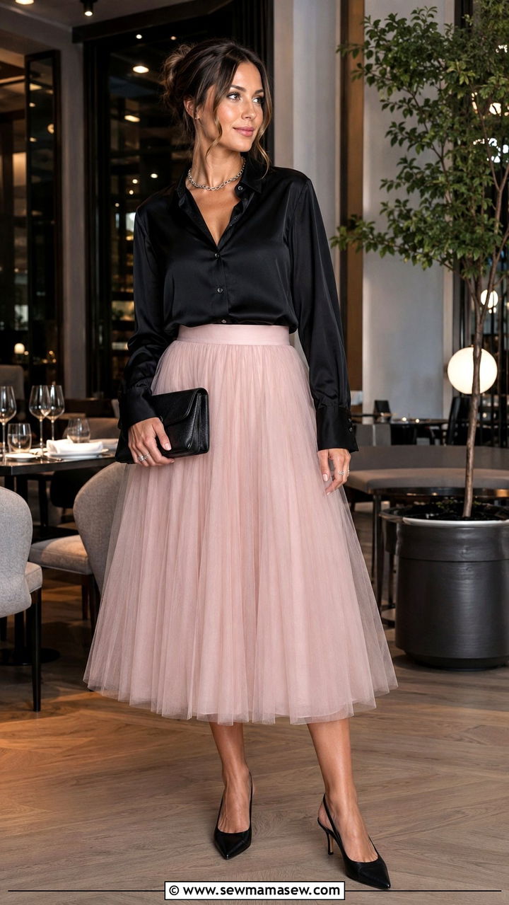 Black Button Down With Pink Tulle Skirt - 20 Tulle skirt outfit ideas with a button down