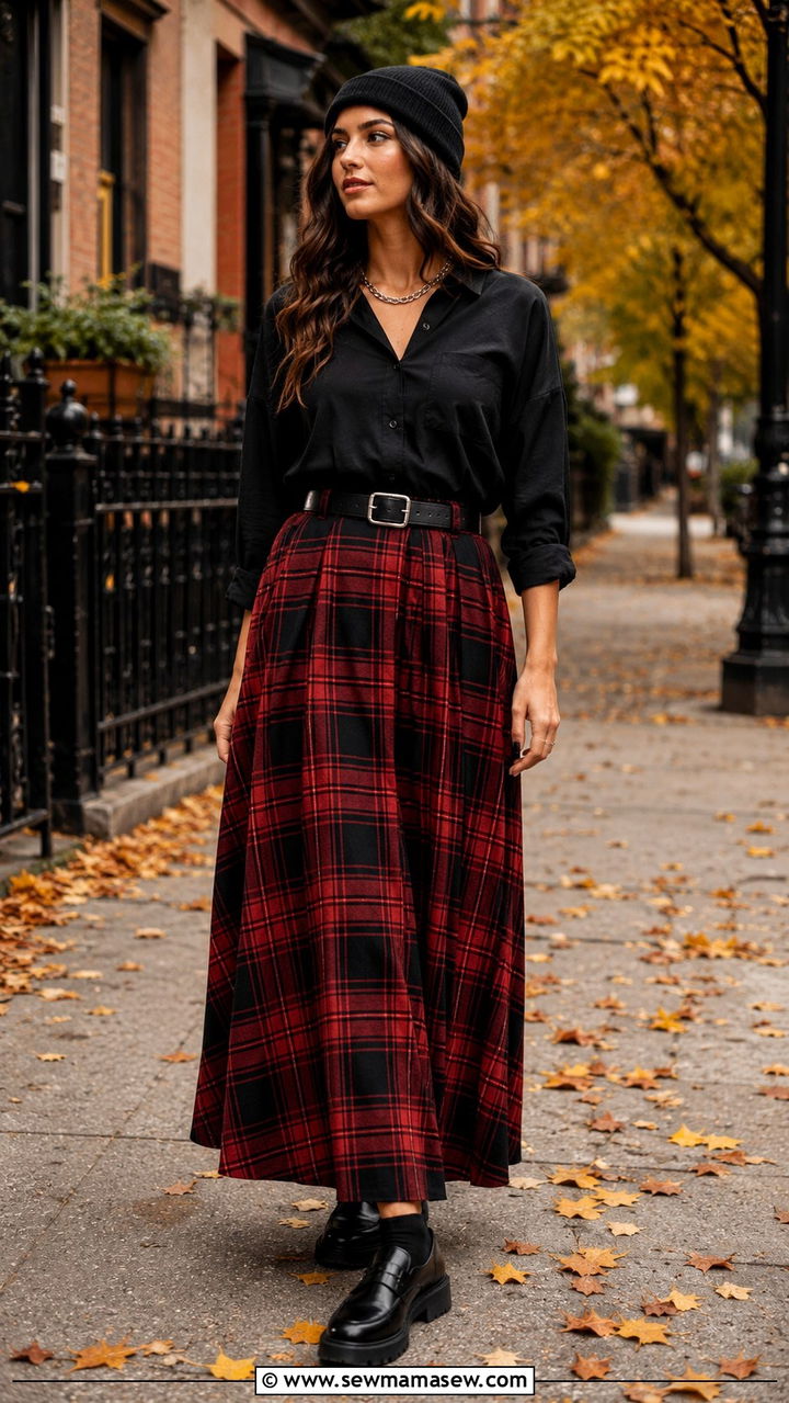 Black Button Down With Plaid Maxi Skirt - 30 Maxi skirt outfit ideas with a button down